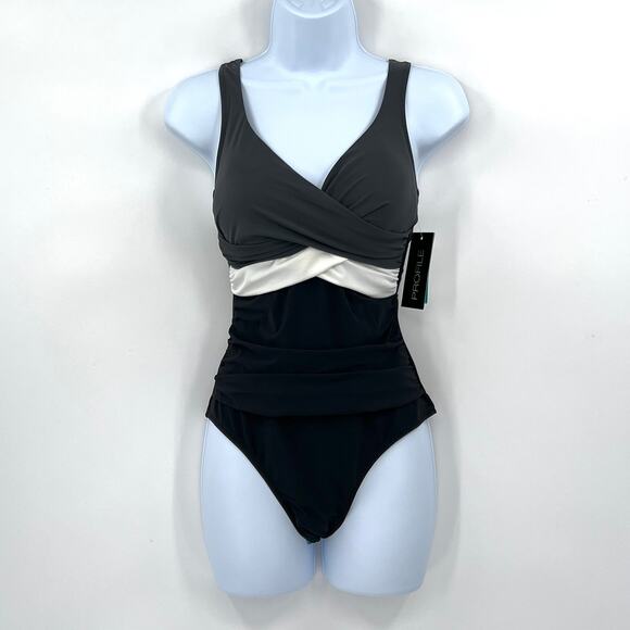 PROFILE BY GOTTEX Lets Twist One Piece Swimsuit Women 16 Black Gray V Neck Tank - Picture 1 of 16